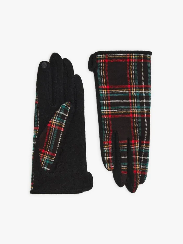 Agns B Beanies and Gloves Women Black Wool Tartan Gloves