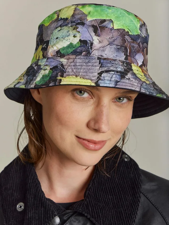 Agns B Beanies and Gloves Women Feuilles Cotton Bucket Hat With Printed Leaves