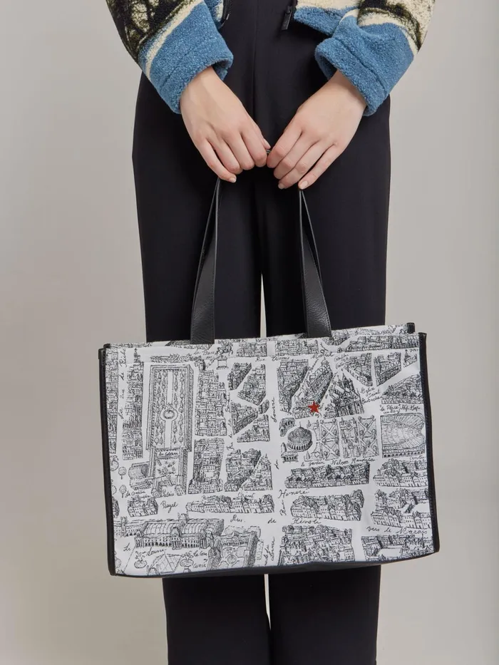 Agns B Handbags Women White Cotton And Leather 034map Of Paris034 Screen Print Bag