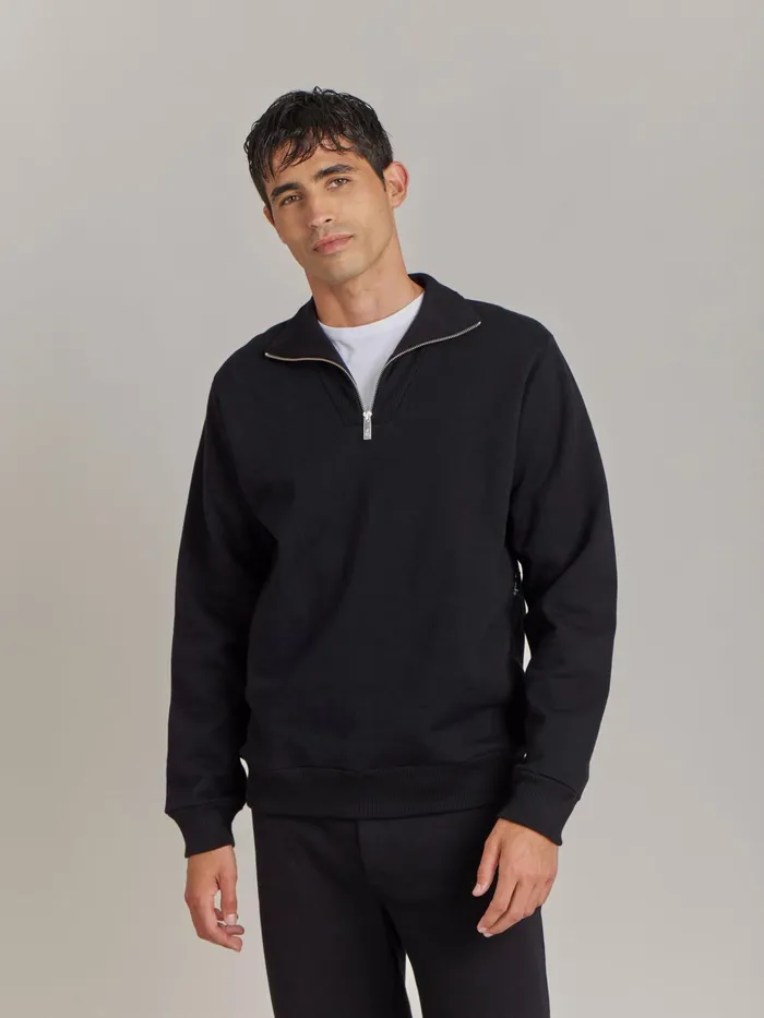 Agns B Tshirts and Polo Shirts Men Black Cotton Fleece Zip Sweatshirt