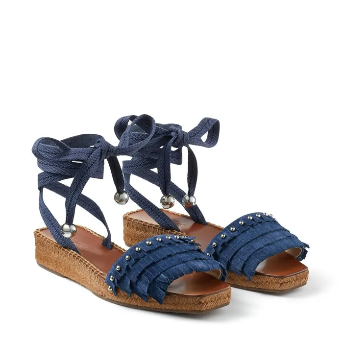 Aisha 30 Denim Suede Espadrille Sandals With Fringes And Dome Studs Denimsilver Women JIMMY CHOO Wedges
