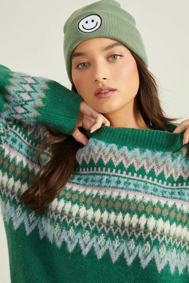 Altar039d State Smiley Face Tonal Beanie Women Hats