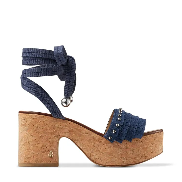 Athi 80 Denim Suede BlockHeel Platform Sandals With Fringes And Dome Studs Denimsilver Women JIMMY CHOO Wedges Athi 80 Denim Suede BlockHeel Platform Sandals With Fringes And Dome Studs Denimsilver Women JIMMY CHOO Wedges