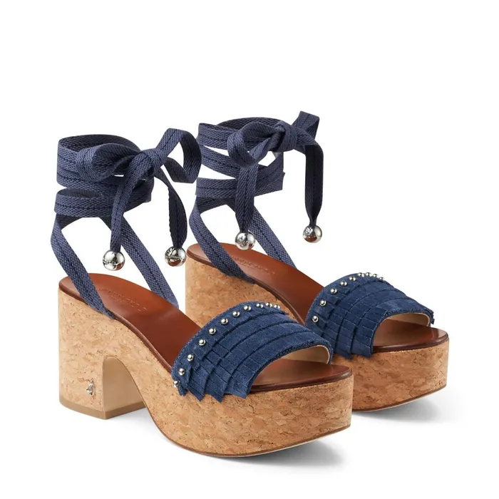 Athi 80 Denim Suede BlockHeel Platform Sandals With Fringes And Dome Studs Denimsilver Women JIMMY CHOO Wedges