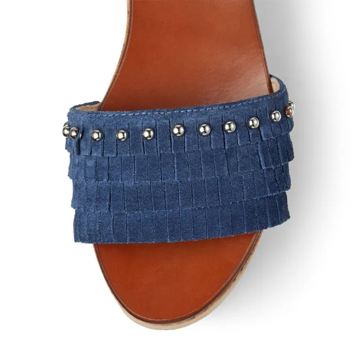 Athi 80 Denim Suede BlockHeel Platform Sandals With Fringes And Dome Studs Denimsilver Women JIMMY CHOO Wedges
