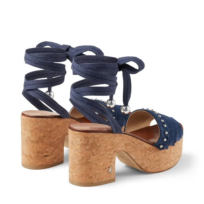 Athi 80 Denim Suede BlockHeel Platform Sandals With Fringes And Dome Studs Denimsilver Women JIMMY CHOO Wedges