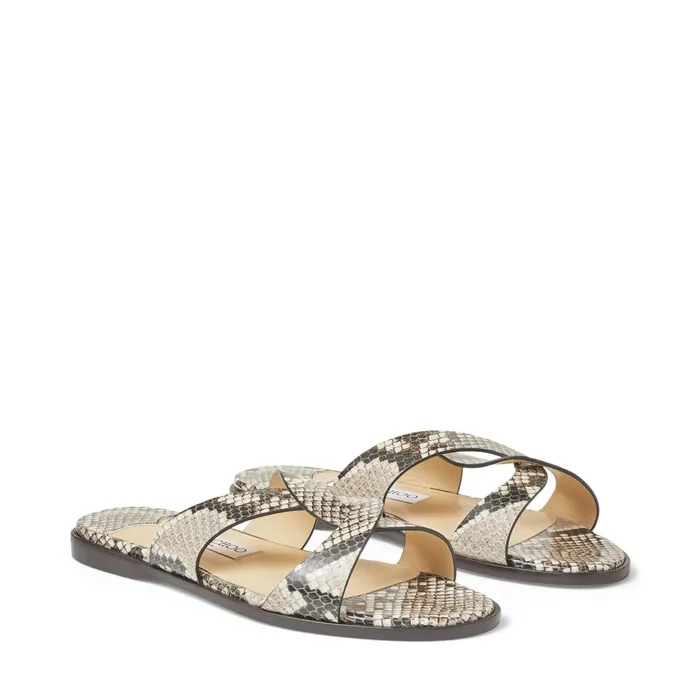 Atia Flat Natural SnakePrint Leather Flat Sandals With Crossover Straps Natural Women JIMMY CHOO Flats
