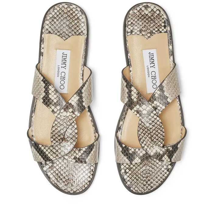 Atia Flat Natural SnakePrint Leather Flat Sandals With Crossover Straps Natural Women JIMMY CHOO Flats