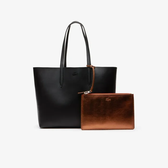 Bags Lacoste Womens Anna Reversible Matte And Iridescent Leather Tote Black 2132 Gift for Friend