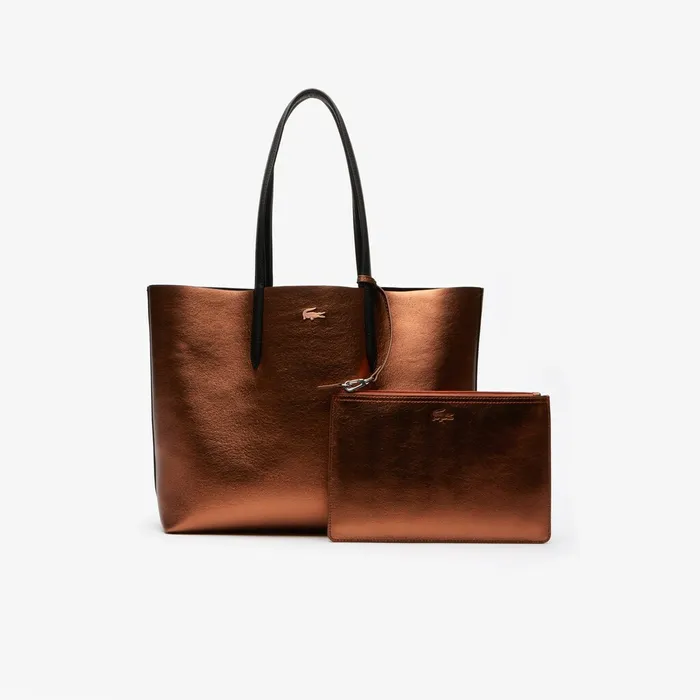 Bags Lacoste Womens Anna Reversible Matte And Iridescent Leather Tote Black 2132 Gift for Friend