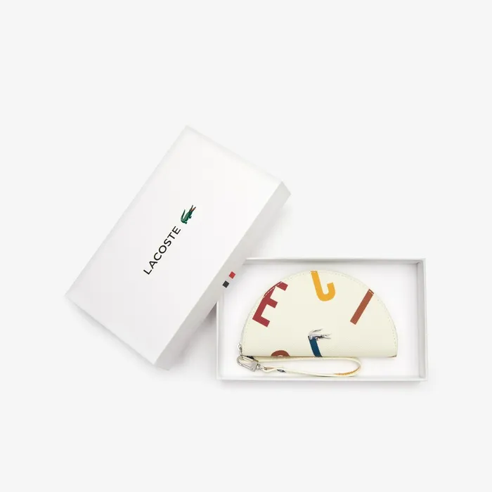 Bags Lacoste Womens Daily Classic Coated Print Canvas Half Moon Clutch Alphabet Egret Near Me