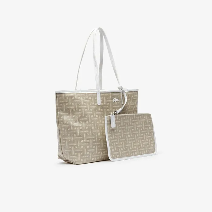 Bags Lacoste Womens Monogram Coated Cotton Canvas Tote Bag Lacoste Beige Outlet Factory