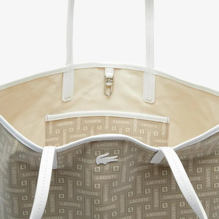 Bags Lacoste Womens Monogram Coated Cotton Canvas Tote Bag Lacoste Beige Outlet Factory