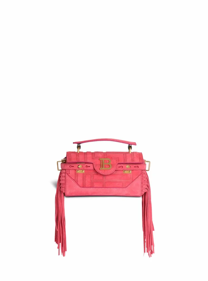 Balmain BBuzz Bags Womens Debossed Suede BBuzz 19 Bag With Fringe Pink