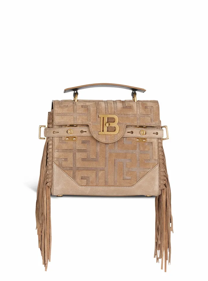 Balmain BBuzz Bags Womens Debossed Suede BBuzz 23 Bag With Fringe Beige