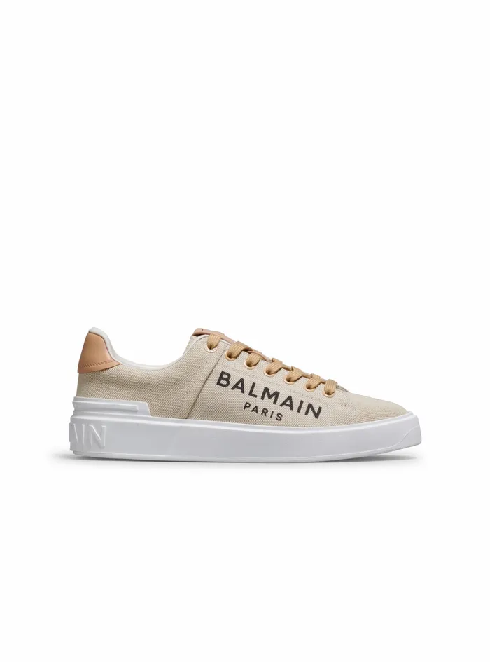 Balmain BCourt Womens Logo Print Canvas BCourt Sneakers Beige