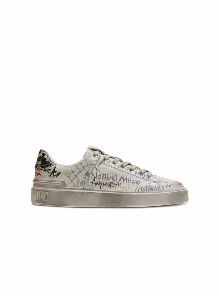 Balmain Bcourt Mens Leather Graffiti Print BCourt Sneakers White