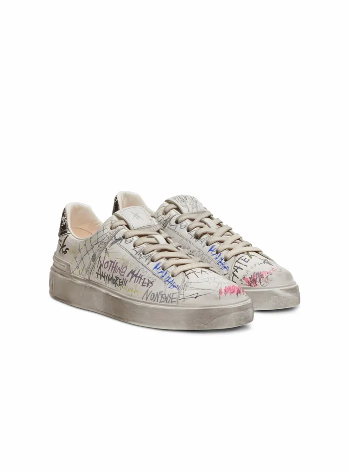 Balmain Bcourt Mens Leather Graffiti Print BCourt Sneakers White