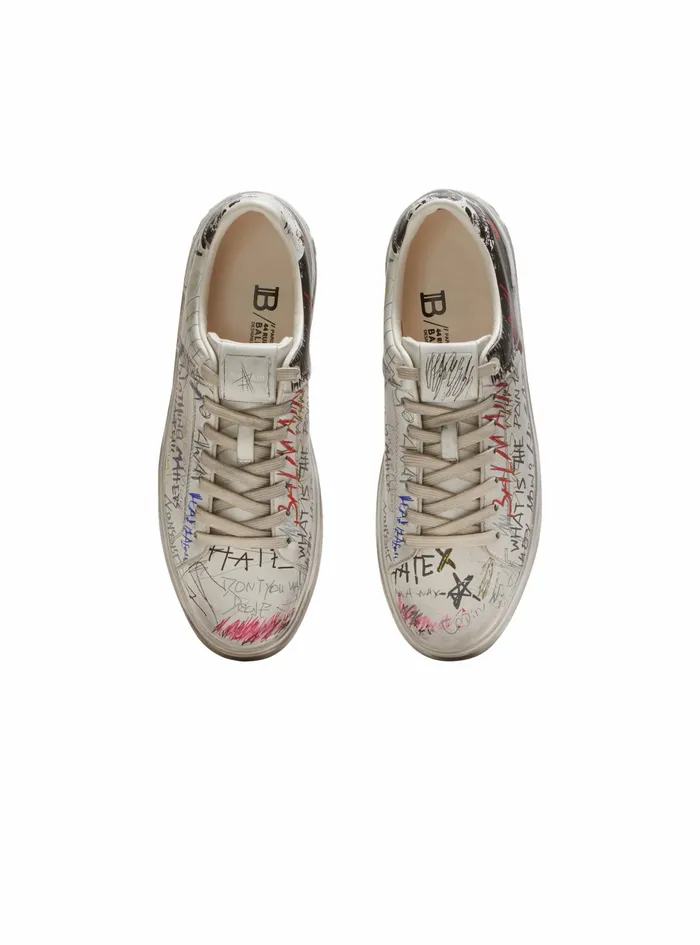 Balmain Bcourt Mens Leather Graffiti Print BCourt Sneakers White