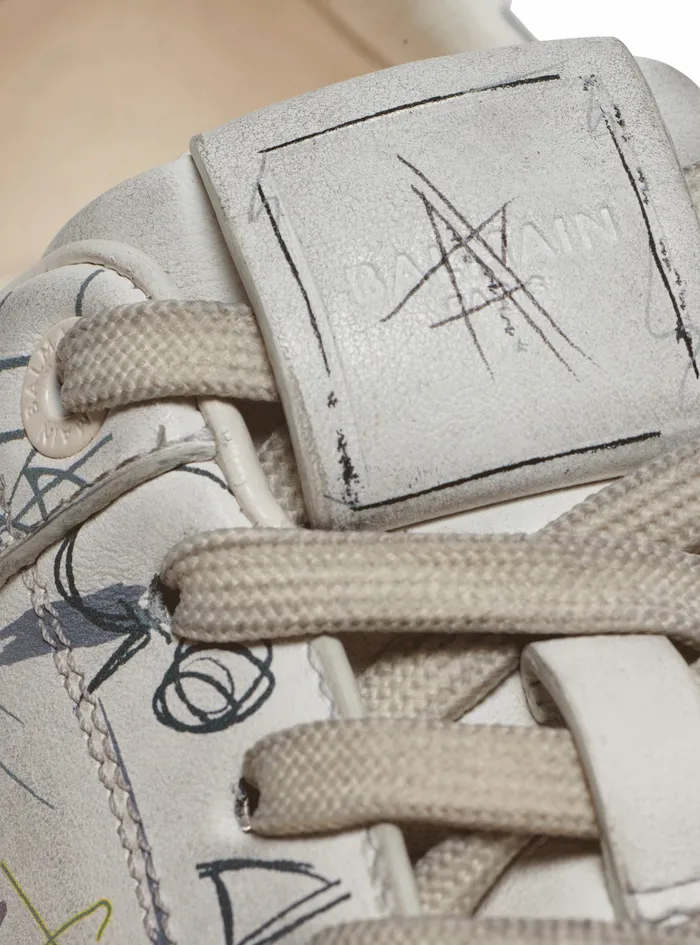 Balmain Bcourt Mens Leather Graffiti Print BCourt Sneakers White