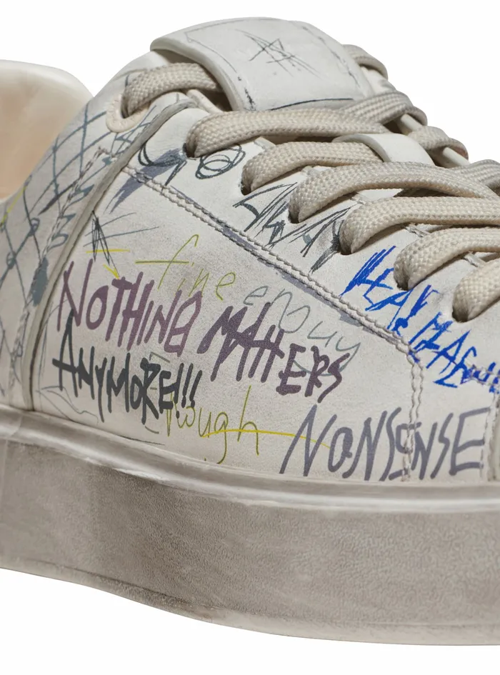 Balmain Bcourt Mens Leather Graffiti Print BCourt Sneakers White