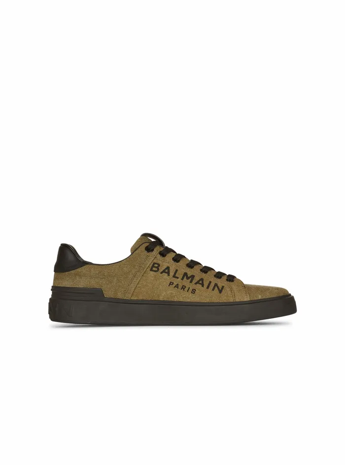 Balmain Bcourt Mens Logo Print Canvas BCourt Sneakers Khaki