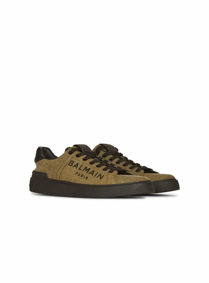 Balmain Bcourt Mens Logo Print Canvas BCourt Sneakers Khaki