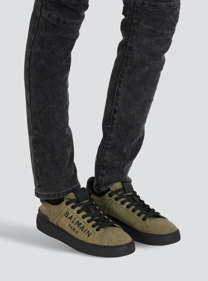 Balmain Bcourt Mens Logo Print Canvas BCourt Sneakers Khaki