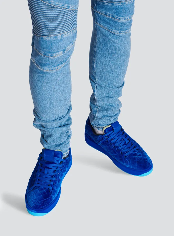 Balmain Bcourt Mens Quilted Velvet BCourt Sneakers Blue