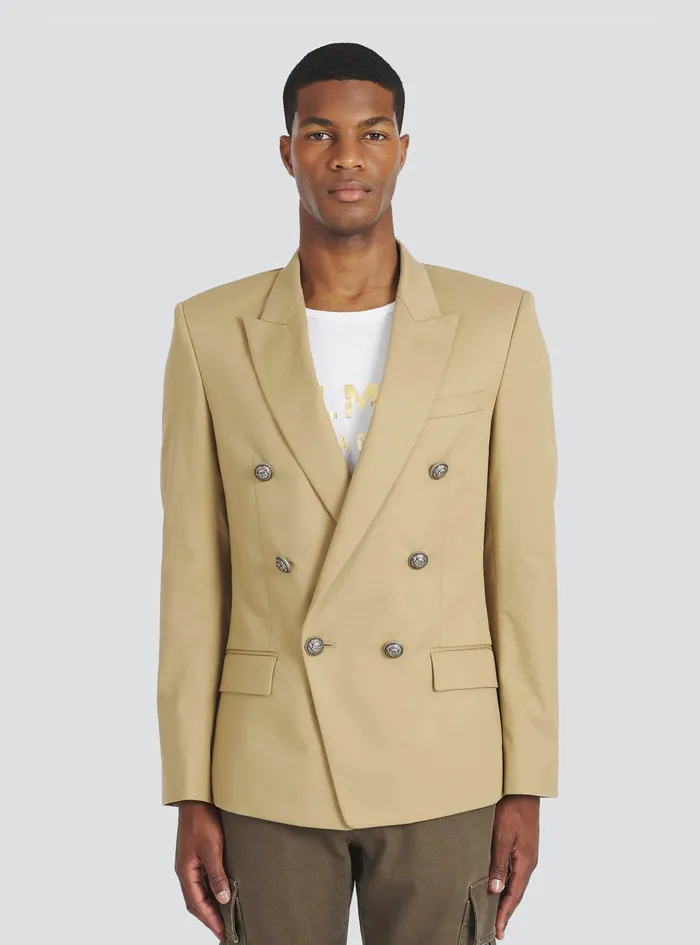 Balmain Blazers Mens Cotton Blazer With DoubleBreasted SilverTone Buttoned Fastening Beige Balmain Blazers Mens Cotton Blazer With DoubleBreasted SilverTone Buttoned Fastening Beige