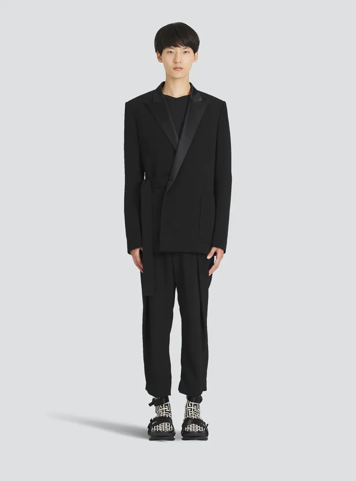 Balmain Blazers Mens EcoDesigned Crepe Blazer Withsatin Collar Black Balmain Blazers Mens EcoDesigned Crepe Blazer Withsatin Collar Black
