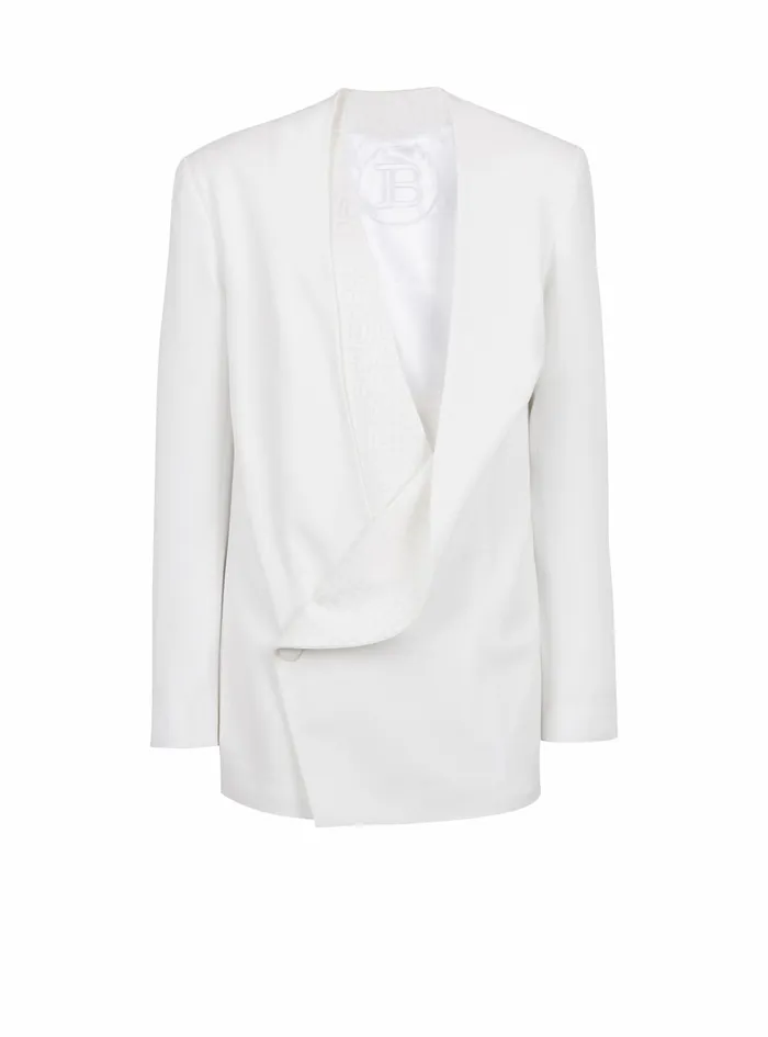 Balmain Blazers Mens Satin Kimono Blazer With Balmain Monogram White
