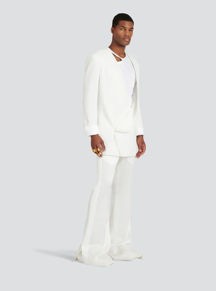 Balmain Blazers Mens Satin Kimono Blazer With Balmain Monogram White
