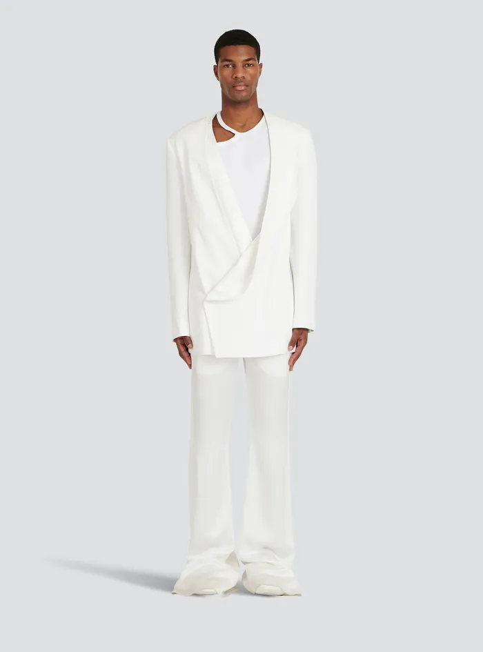 Balmain Blazers Mens Satin Kimono Blazer With Balmain Monogram White