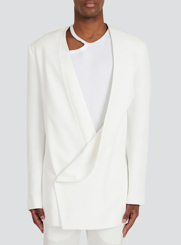 Balmain Blazers Mens Satin Kimono Blazer With Balmain Monogram White