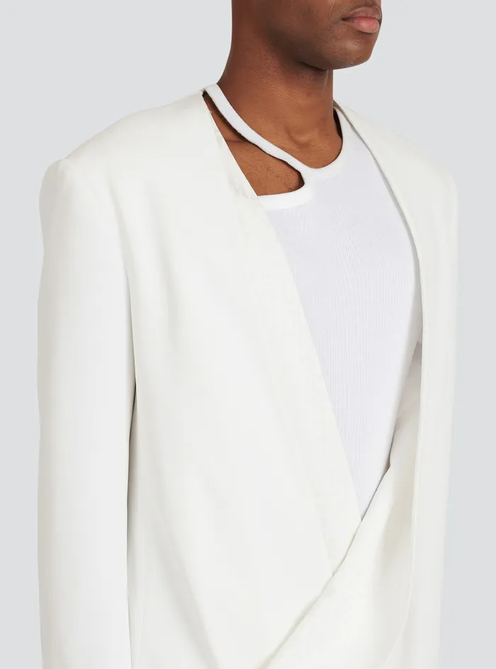 Balmain Blazers Mens Satin Kimono Blazer With Balmain Monogram White