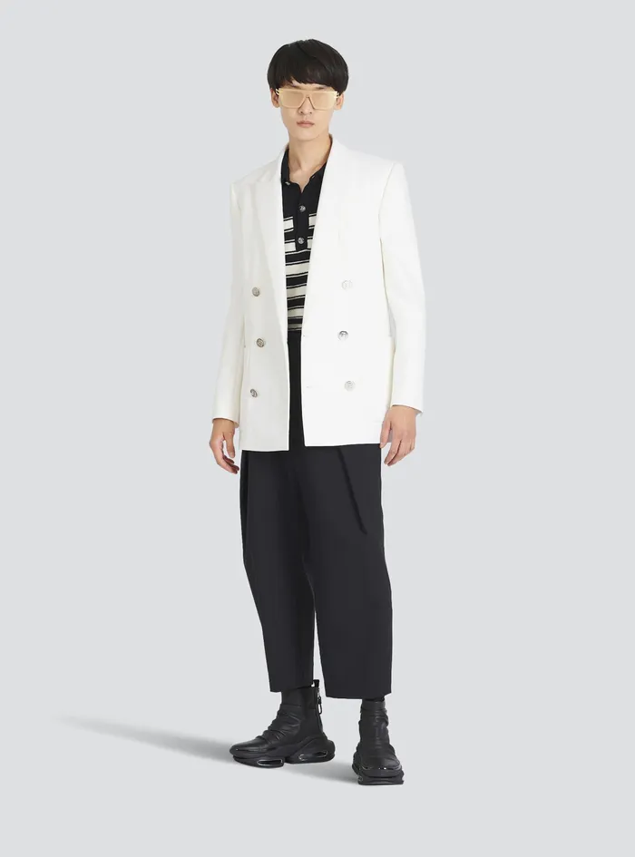 Balmain Blazers Mens Twill Blazer With DoubleBreasted SilverTone Buttoned Fastening White