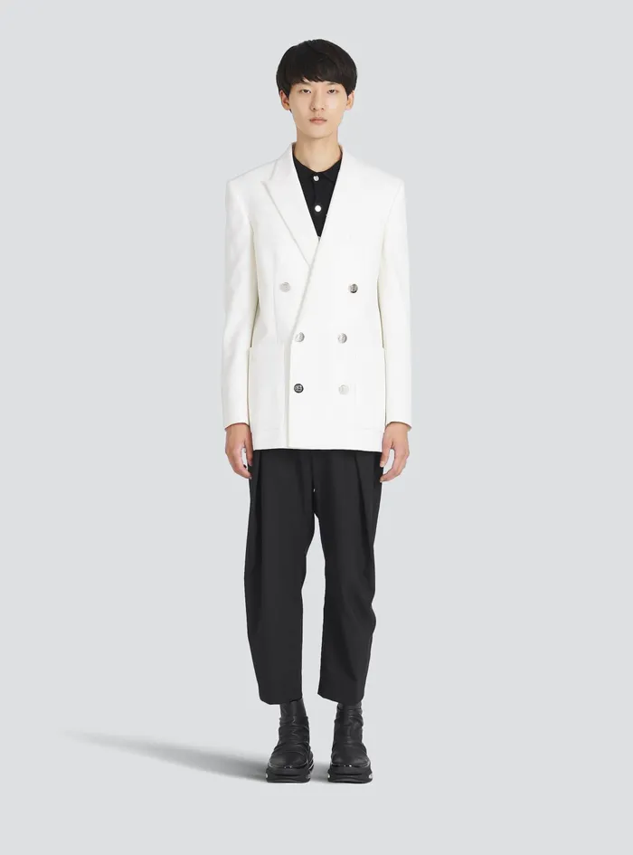 Balmain Blazers Mens Twill Blazer With DoubleBreasted SilverTone Buttoned Fastening White