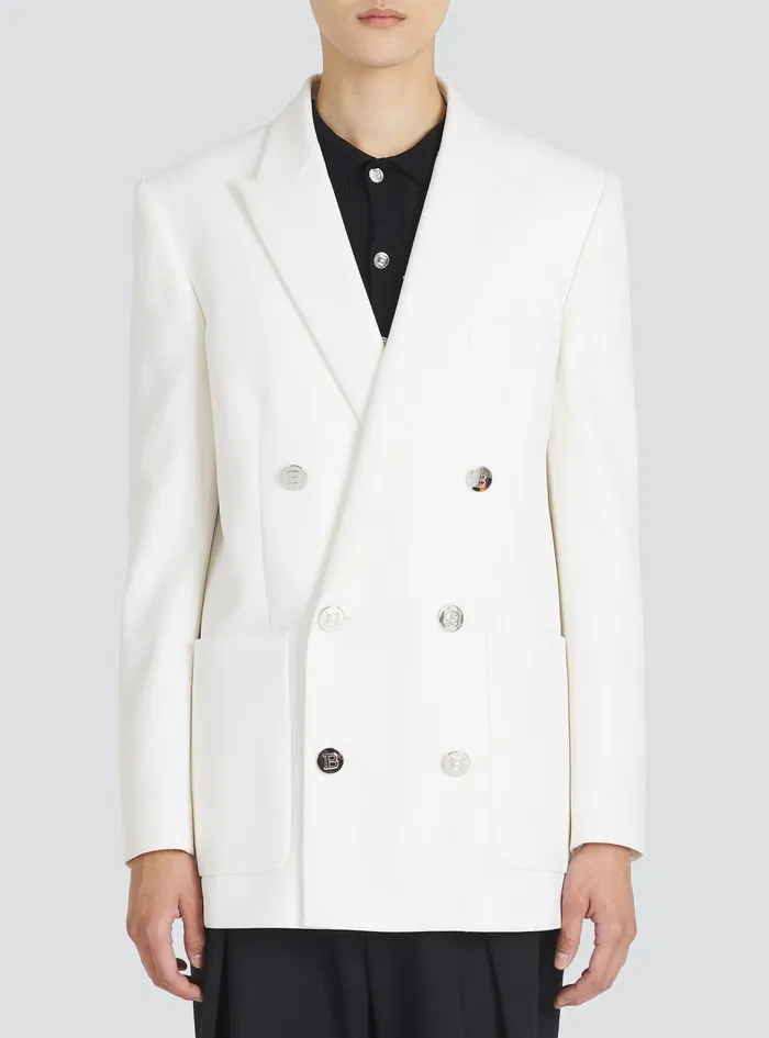 Balmain Blazers Mens Twill Blazer With DoubleBreasted SilverTone Buttoned Fastening White