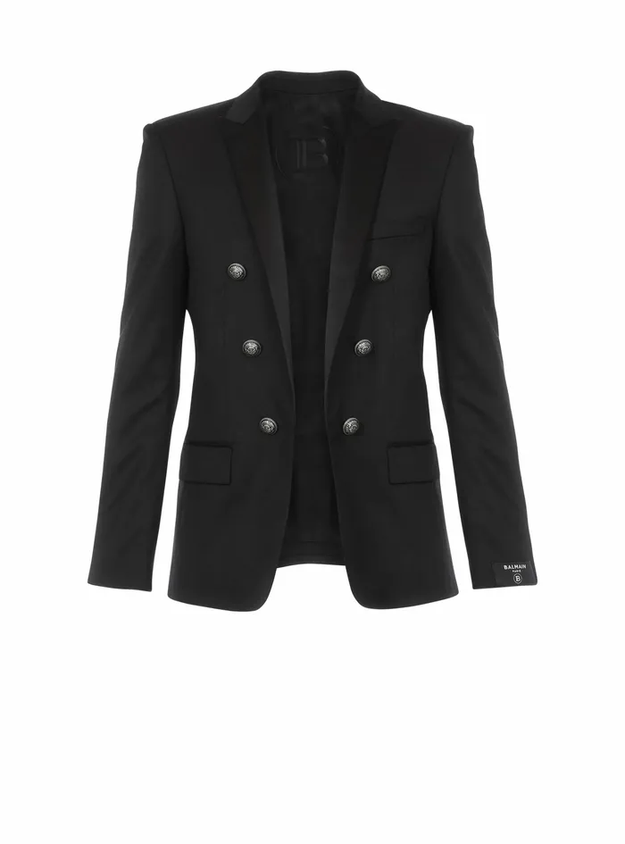 Balmain Blazers Mens Wool Blazer With DoubleBreasted SilverTone Buttoned Fastening Black