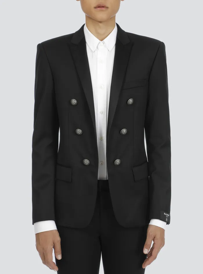 Balmain Blazers Mens Wool Blazer With DoubleBreasted SilverTone Buttoned Fastening Black Balmain Blazers Mens Wool Blazer With DoubleBreasted SilverTone Buttoned Fastening Black