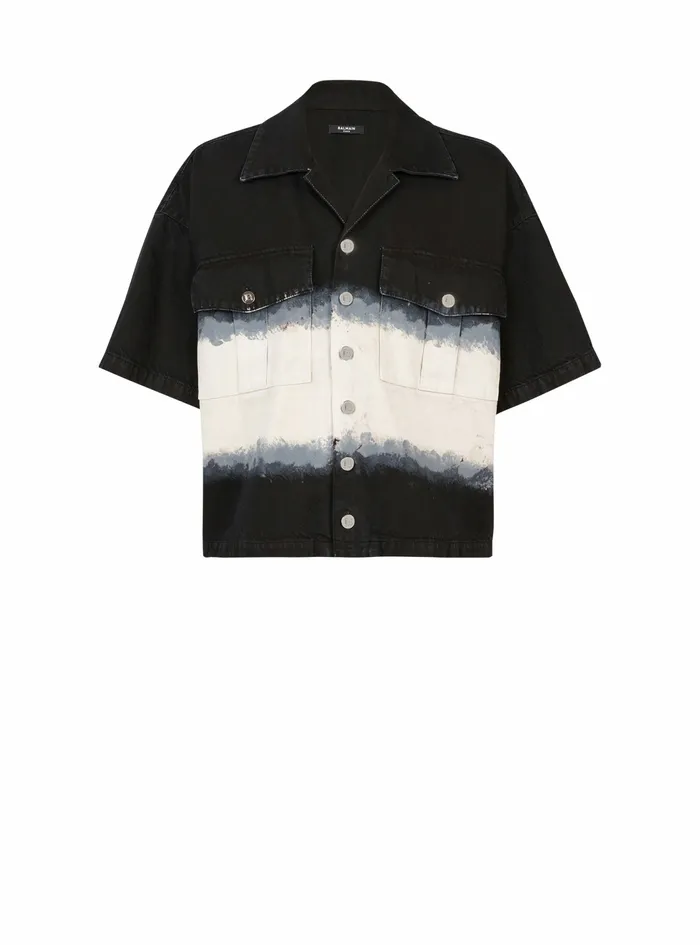 Balmain Denim Mens Oversized Cotton Shirt With TieDye Print Black