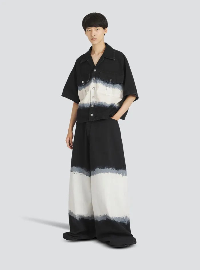 Balmain Denim Mens Oversized Cotton Shirt With TieDye Print Black