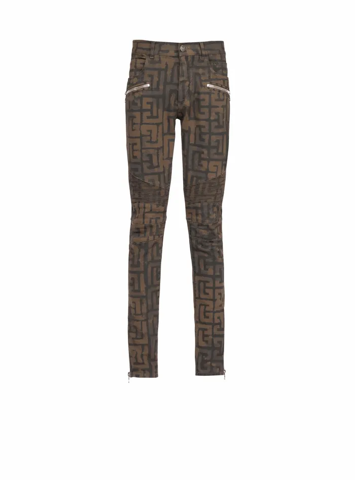 Balmain Denim Mens Slim Cut Cotton Jeans With Balmain Monogram Khaki