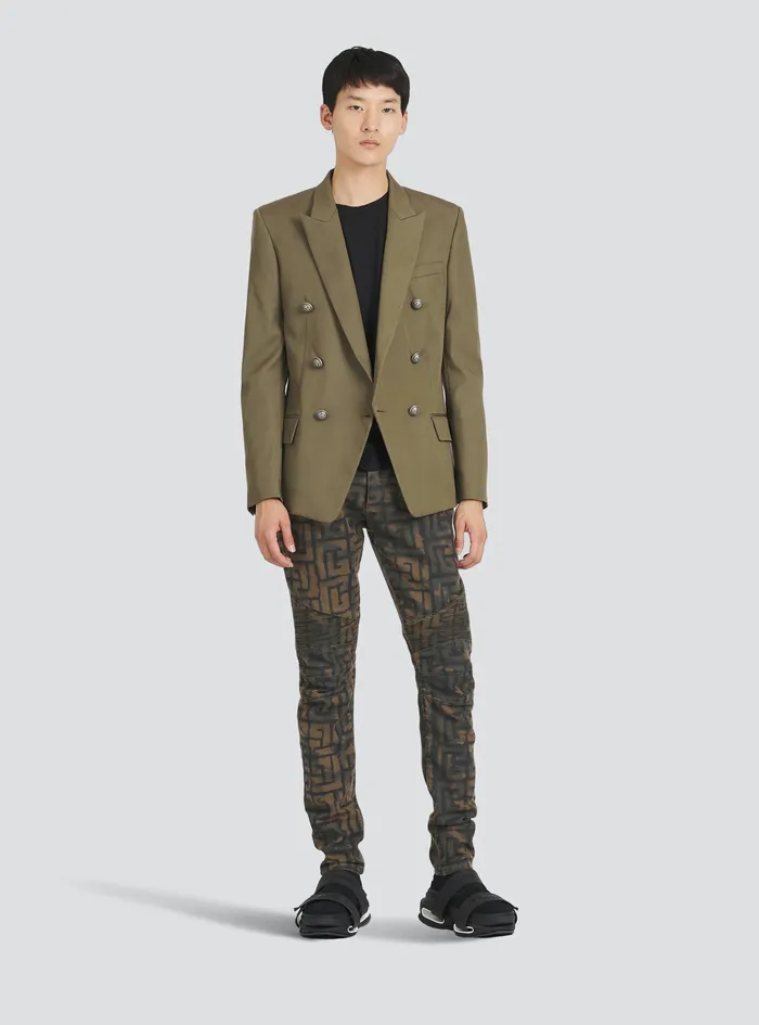 Balmain Denim Mens Slim Cut Cotton Jeans With Balmain Monogram Khaki Balmain Denim Mens Slim Cut Cotton Jeans With Balmain Monogram Khaki