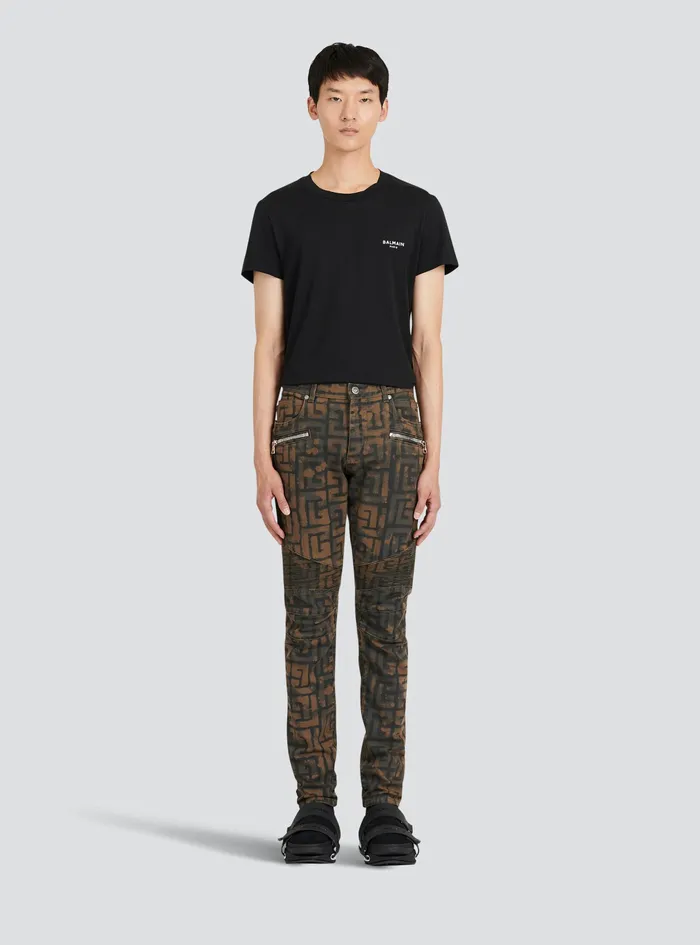 Balmain Denim Mens Slim Cut Cotton Jeans With Balmain Monogram Khaki Balmain Denim Mens Slim Cut Cotton Jeans With Balmain Monogram Khaki