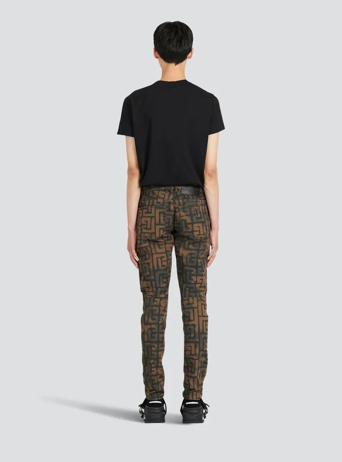 Balmain Denim Mens Slim Cut Cotton Jeans With Balmain Monogram Khaki Balmain Denim Mens Slim Cut Cotton Jeans With Balmain Monogram Khaki