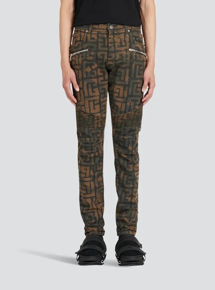 Balmain Denim Mens Slim Cut Cotton Jeans With Balmain Monogram Khaki Balmain Denim Mens Slim Cut Cotton Jeans With Balmain Monogram Khaki