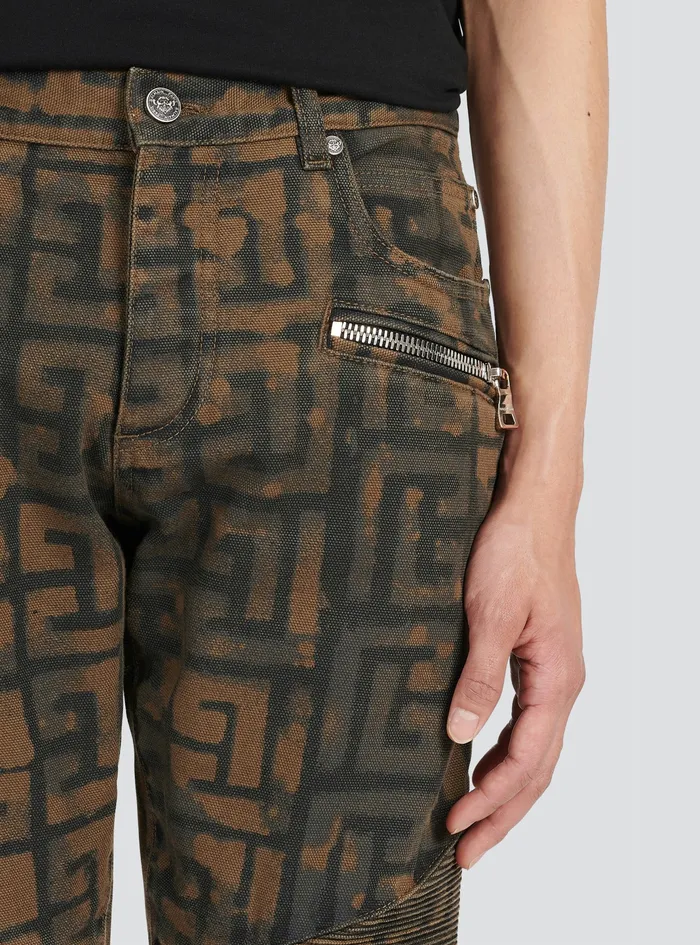 Balmain Denim Mens Slim Cut Cotton Jeans With Balmain Monogram Khaki Balmain Denim Mens Slim Cut Cotton Jeans With Balmain Monogram Khaki