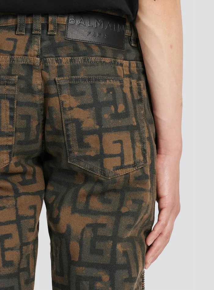Balmain Denim Mens Slim Cut Cotton Jeans With Balmain Monogram Khaki Balmain Denim Mens Slim Cut Cotton Jeans With Balmain Monogram Khaki